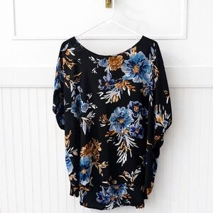 Maurices Black Floral Tunic with Blue & Gold Blooms